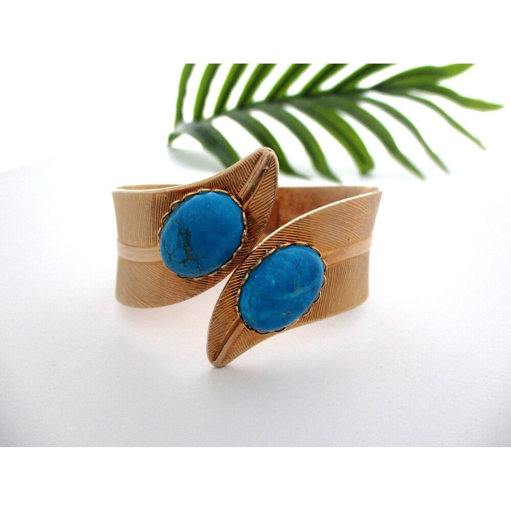 Vintage gold Leaf blue turquoise dyed magnesite stone clamper hinged Bracelet